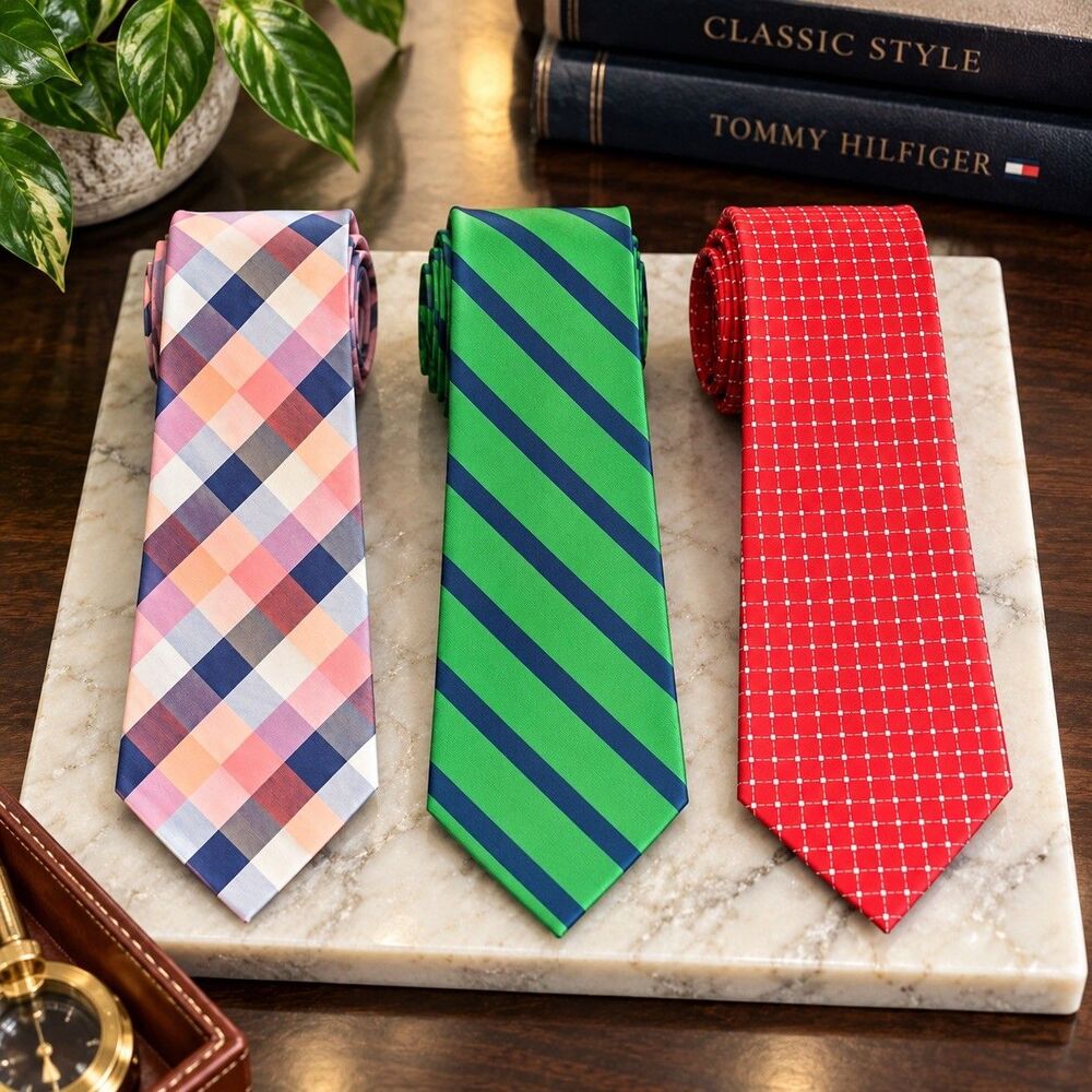 Vtg Tommy Hilfiger lot of 3 ties blue red green pink USA 100% silk tie classic